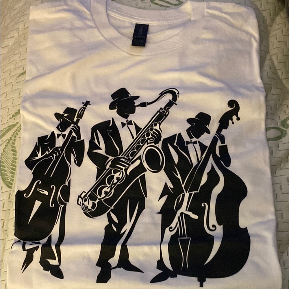 White T-Shirt with Jazz Band Graphic